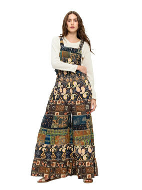 26856 | Yak & Yeti Boho Floral Paisley Tiered Wide Leg Overalls  | Size S/M-L/XL